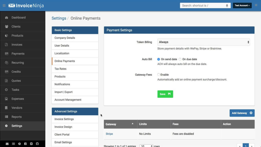 Screenshot showing the Invoice Ninja UI