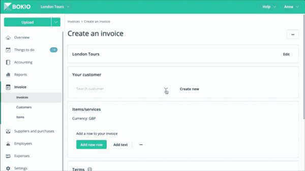 Screenshot showing the Bokio invoice software UI