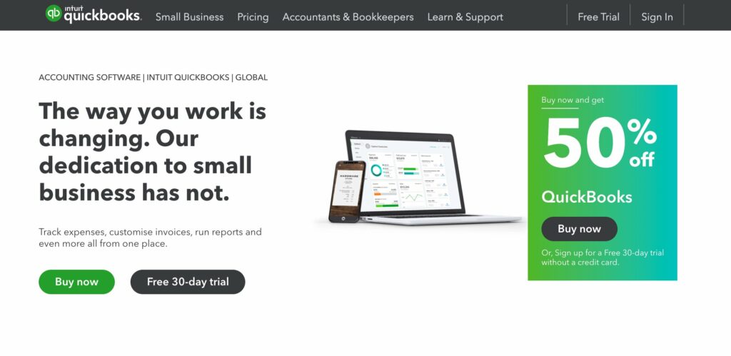 Website homepage of QuickBooks Accounting and Bookkeeping web application