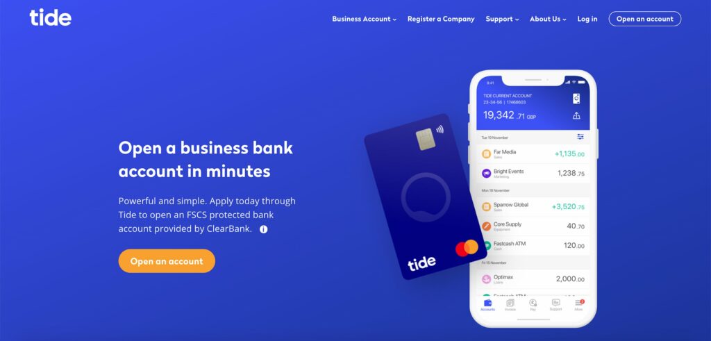 Website homepage of Tide Banking and Payments web application