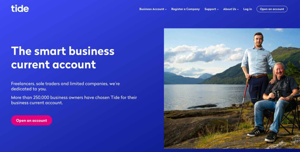 A screenshot of Tide business account website homepage