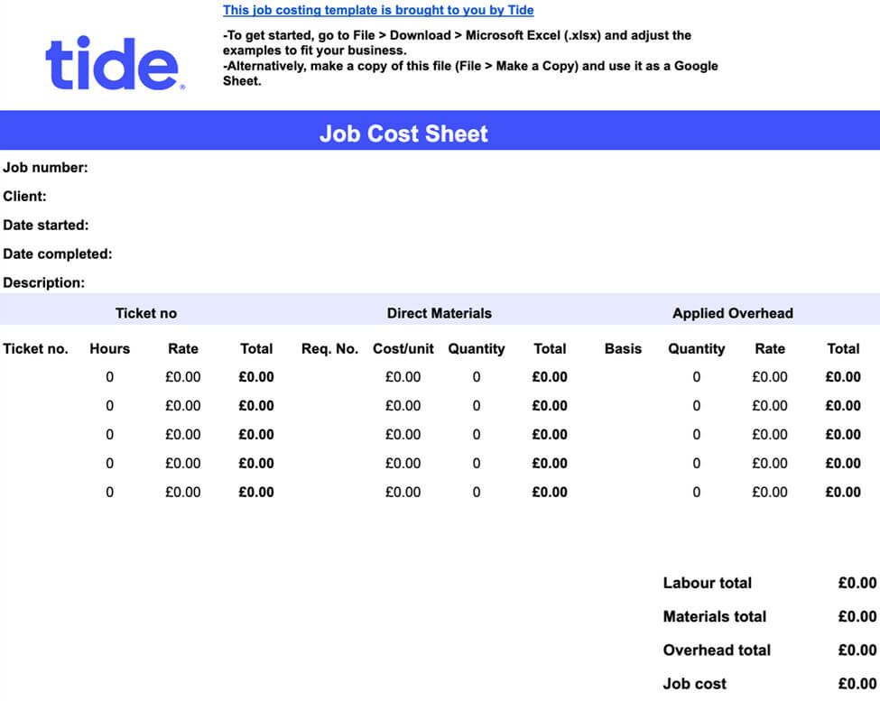 tide job cost sheet