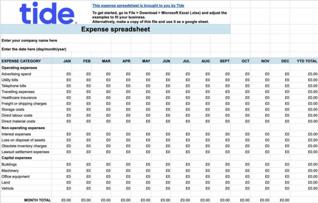 A screenshot of Tide sample expense spreadsheet