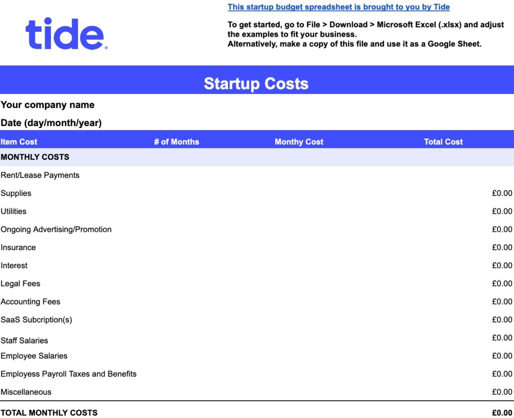 Tide startup costs spreadsheet template