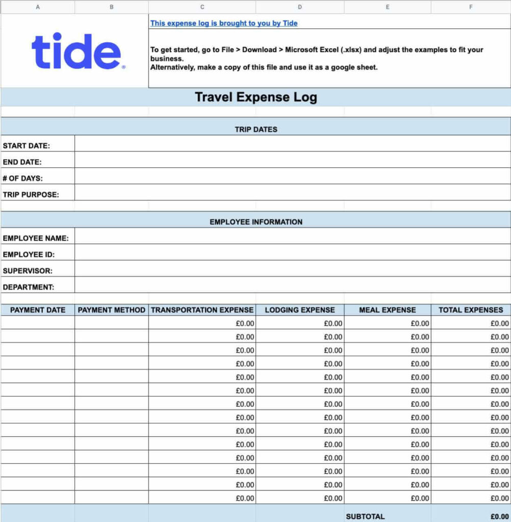 A screenshot of Tide Travel Business Expense Log template