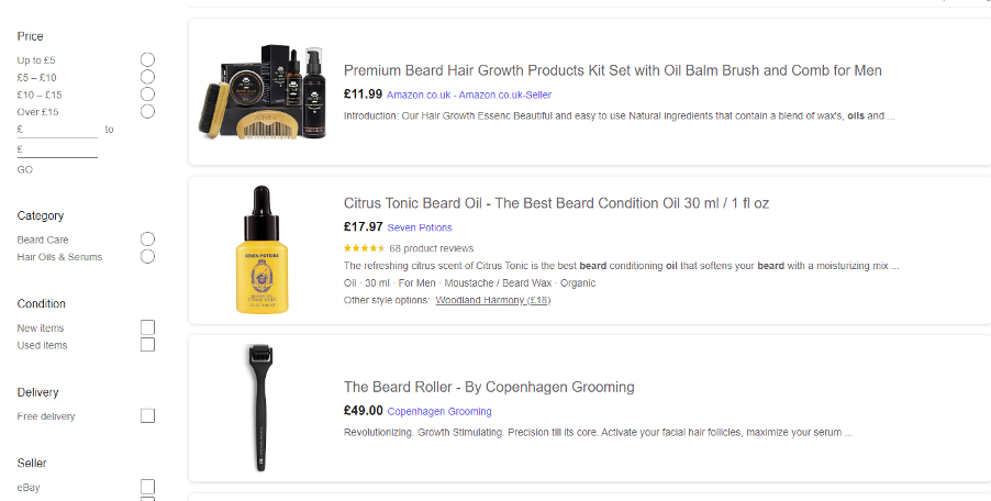 Google Shopping listings for beard oil