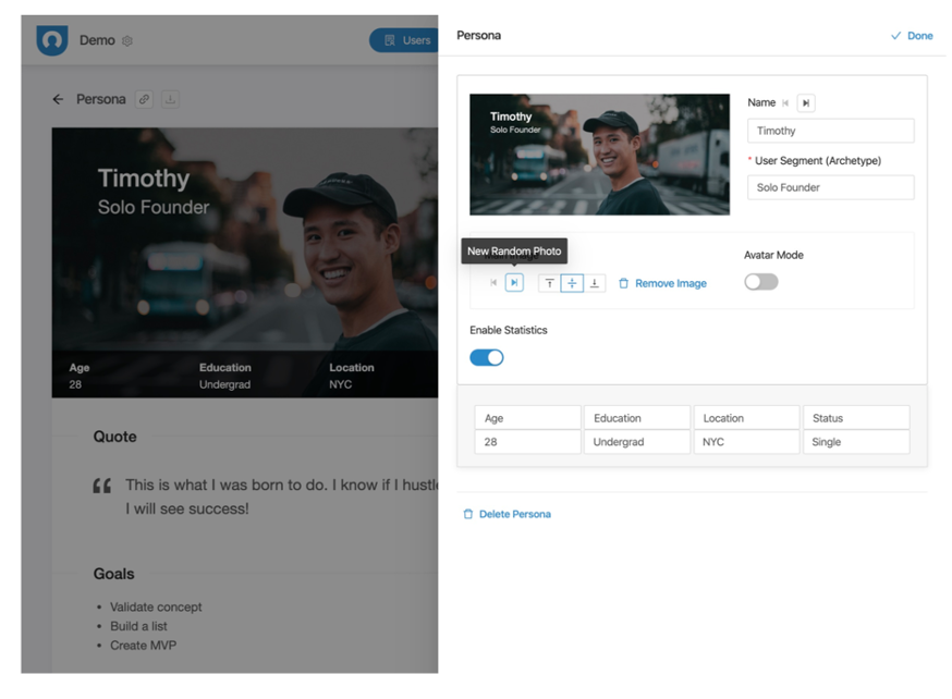 Screenshot of a buyer persona builder from UserForge