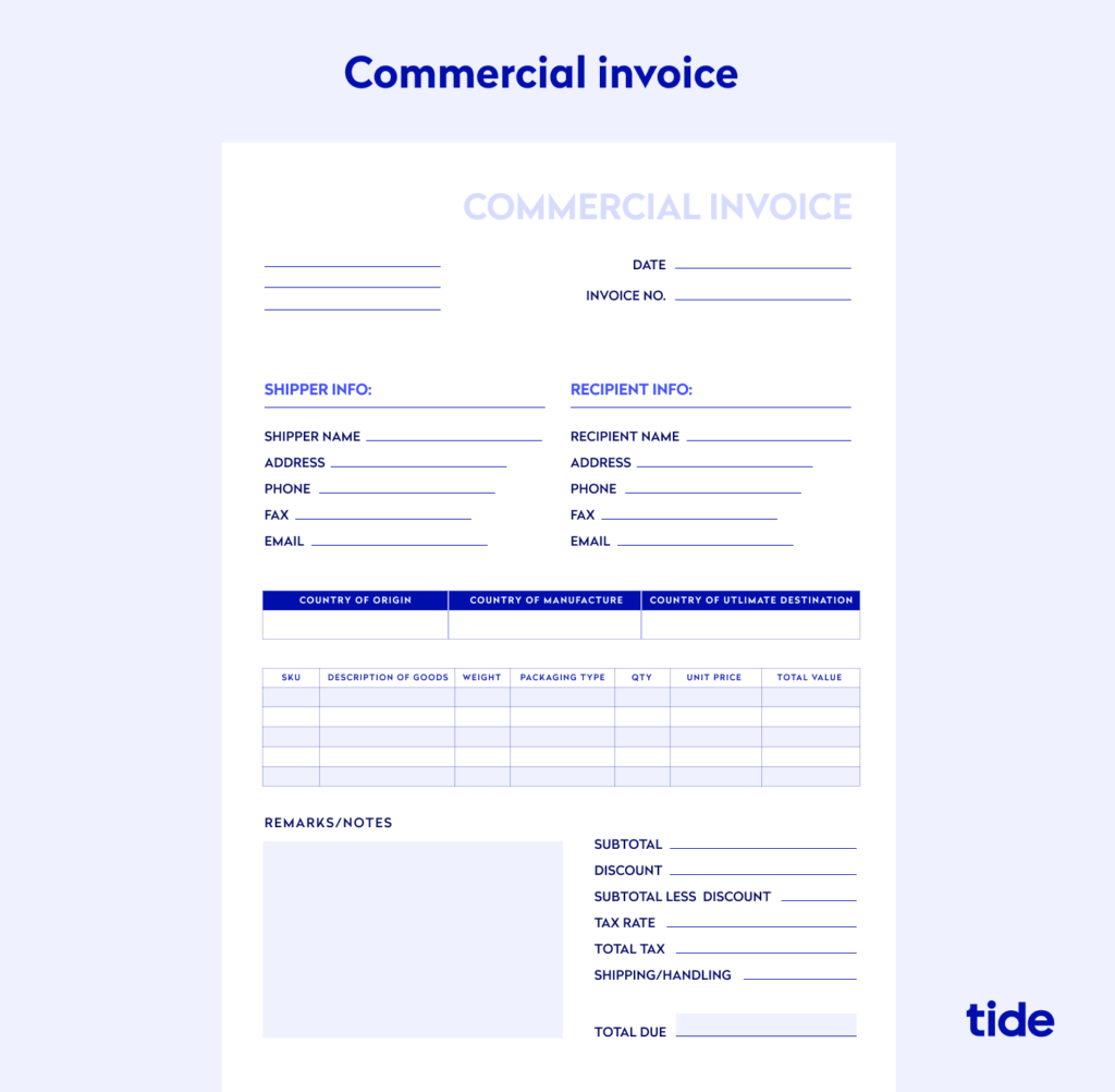 An example of a commercial invoice