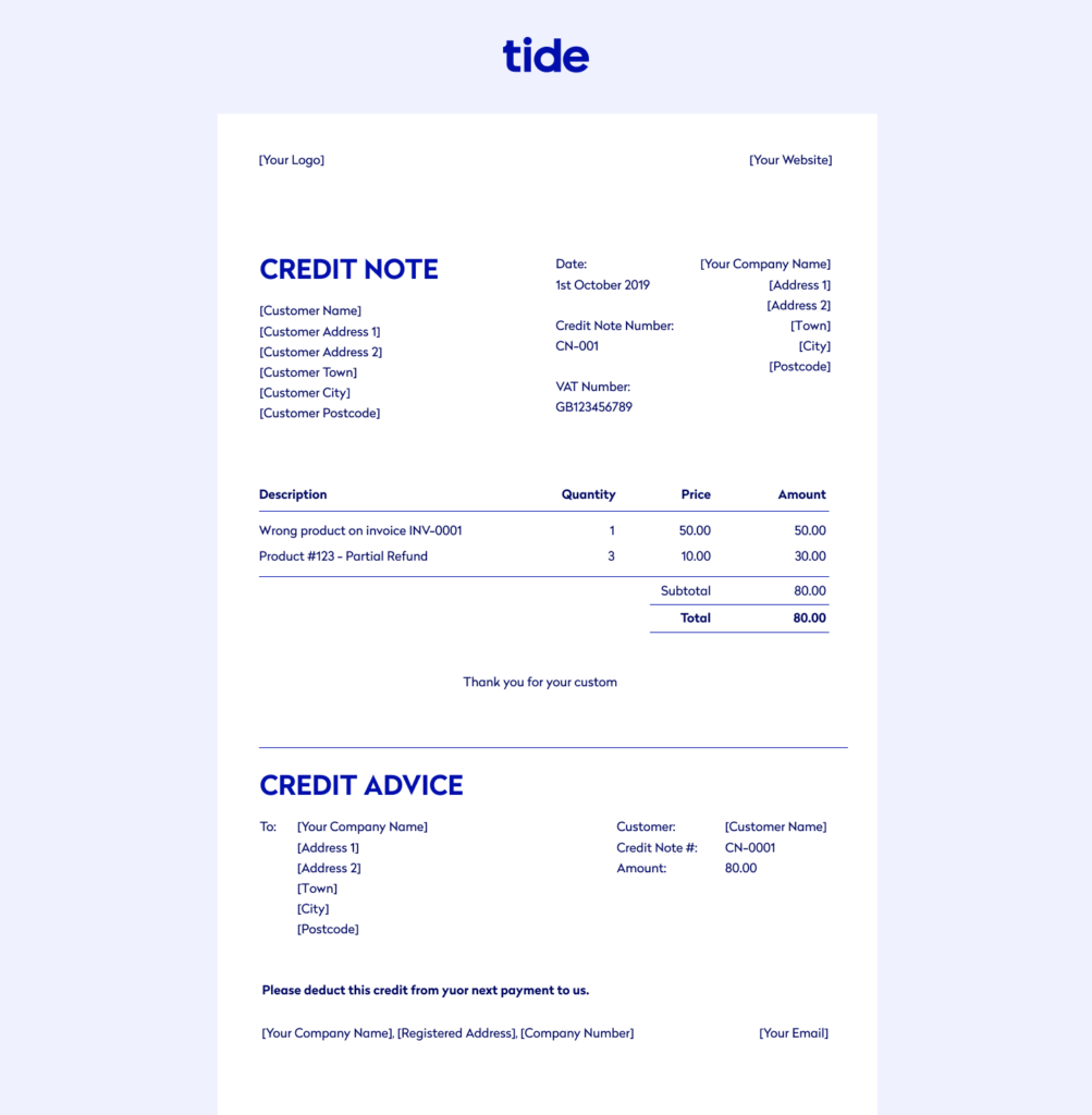 An example of a credit invoice 