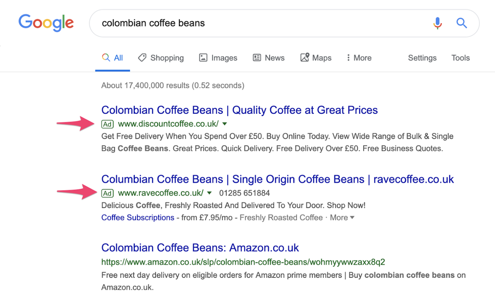 Example Google search results paid ads