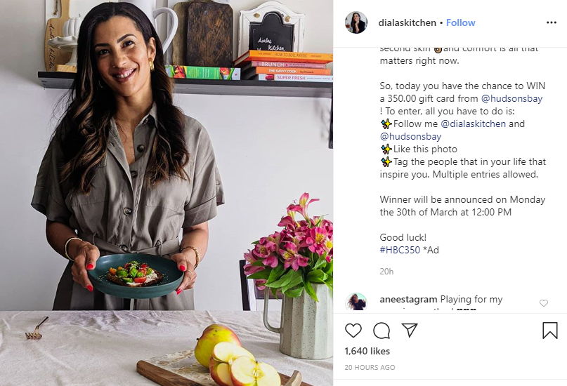 Example of an Instagram contest from Diala's Kitchen