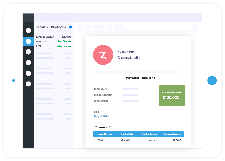 Screenshot showing the Zoho Invoice software UI