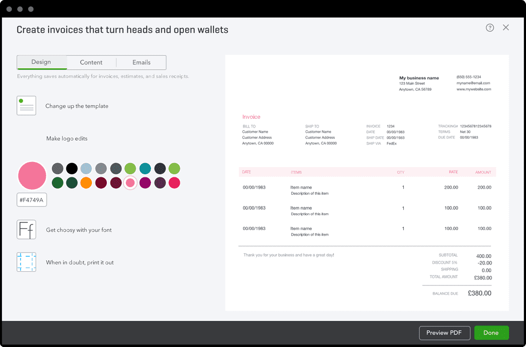 Screenshot of the Quickbooks invoicing software dashboard