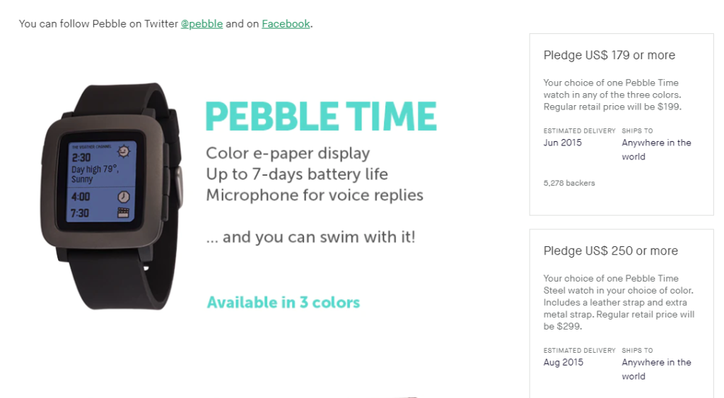 Screenshot of Pebble Time's Kickstarter campaign