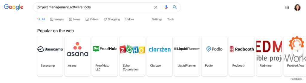 Screenshot of the Google search results page for the result 'project management software tools'