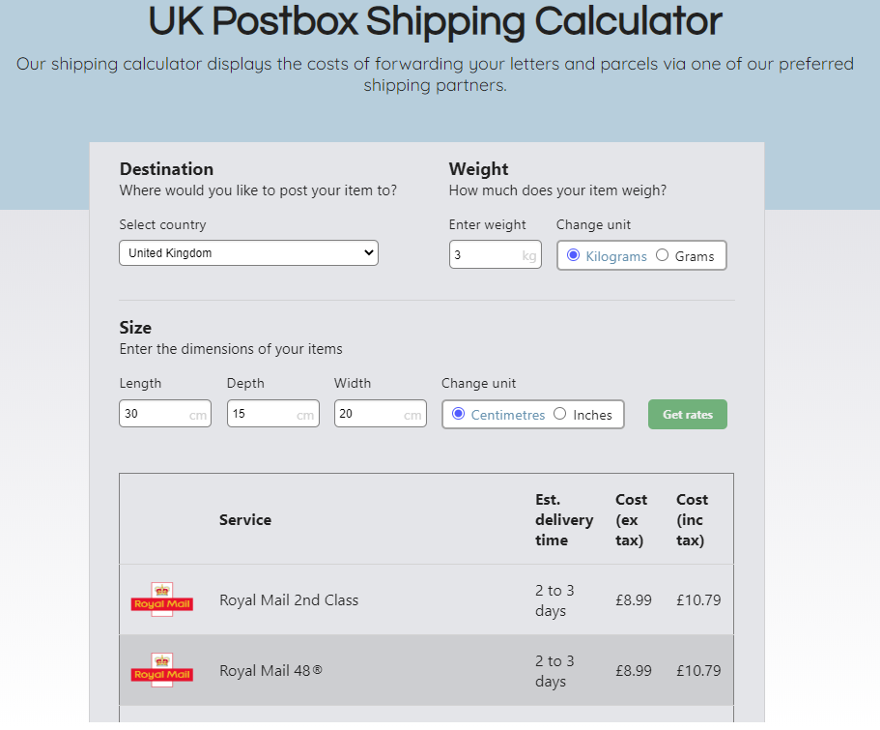 Screenshot of UK Postbox Shipping Calculator