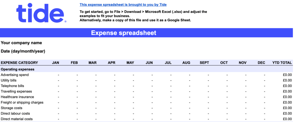 Screenshot of Tide's expense tracking spreadsheet