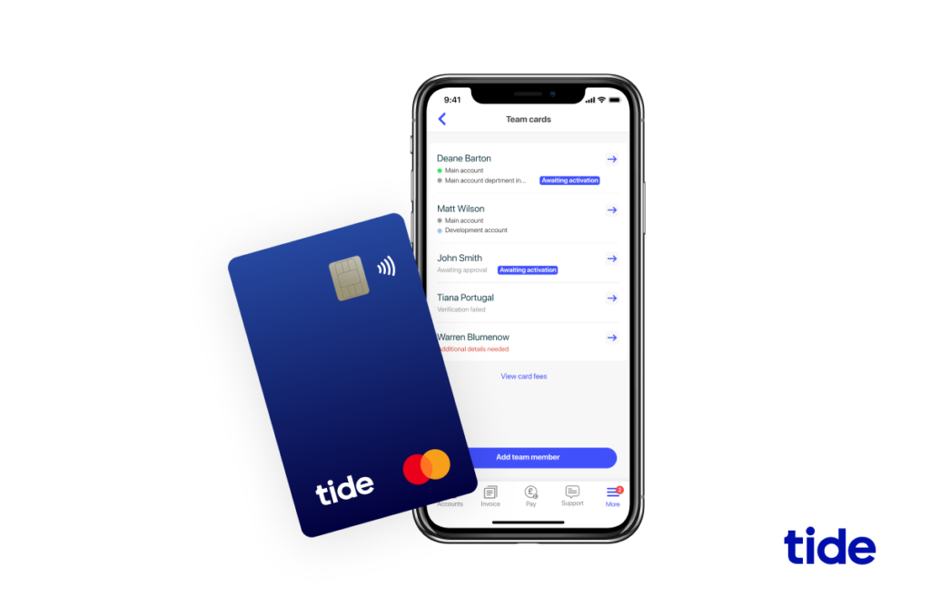 A screenshot of a Tide business expense card in front of a mobile device displaying the Tide app