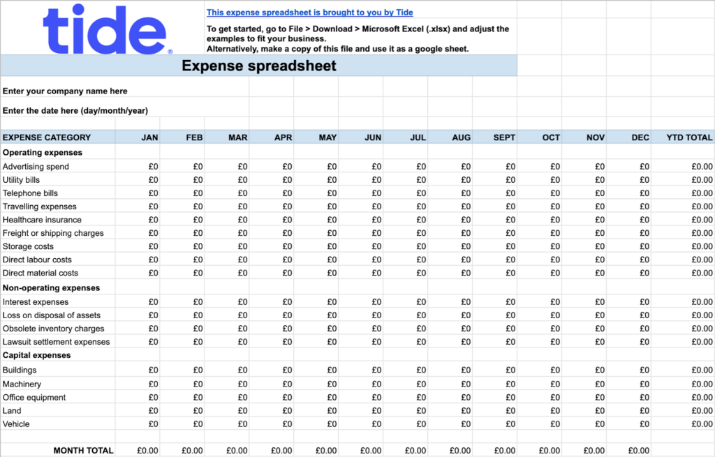 Screenshot of the Tide expense sheet template