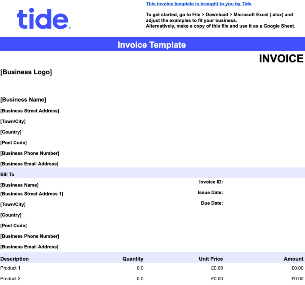 A screenshot of a sample Tide Invoice Template