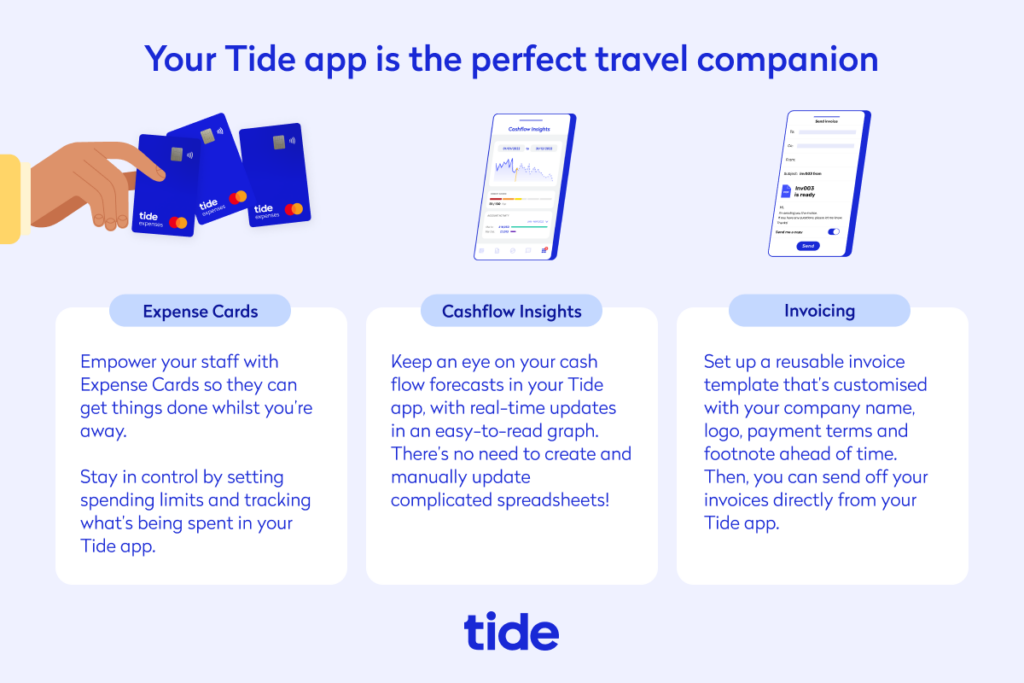 Table describing Tide features: Expense Cards, Cashflow Insights and Invoicing