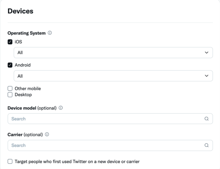 Screenshot of Twitter Device Targeting Settings