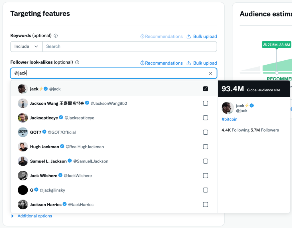 Screenshot of Twitter Follower Targeting Features