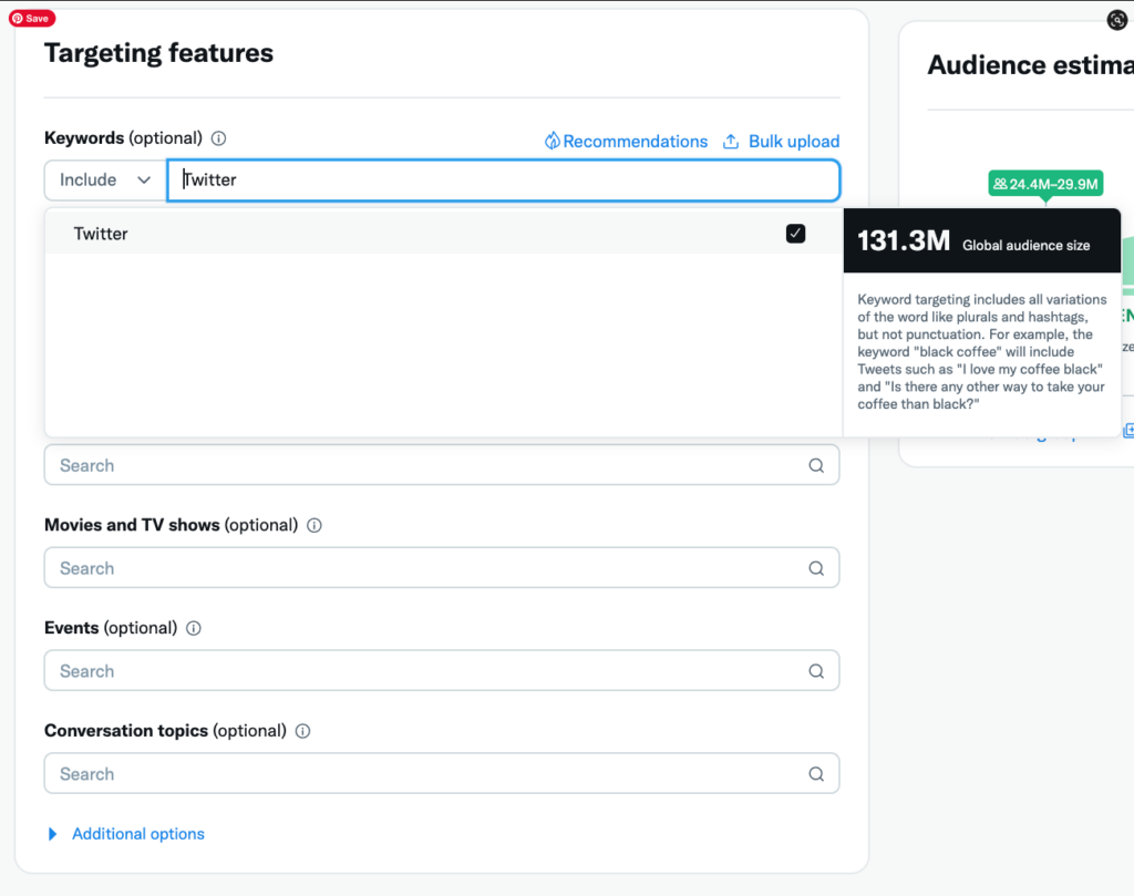 Screenshot of Twitter keyword Targeting