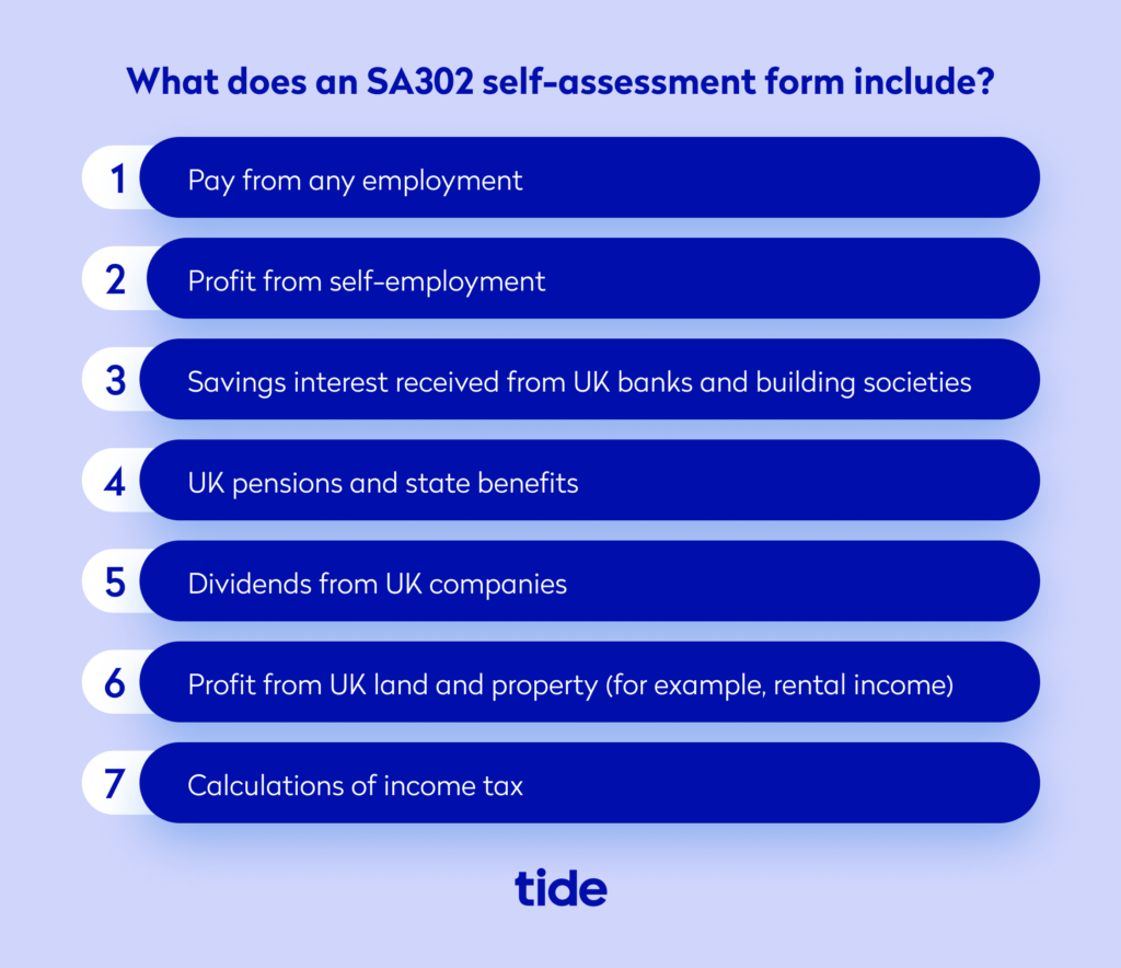 What does an SA302 self assessment form include?